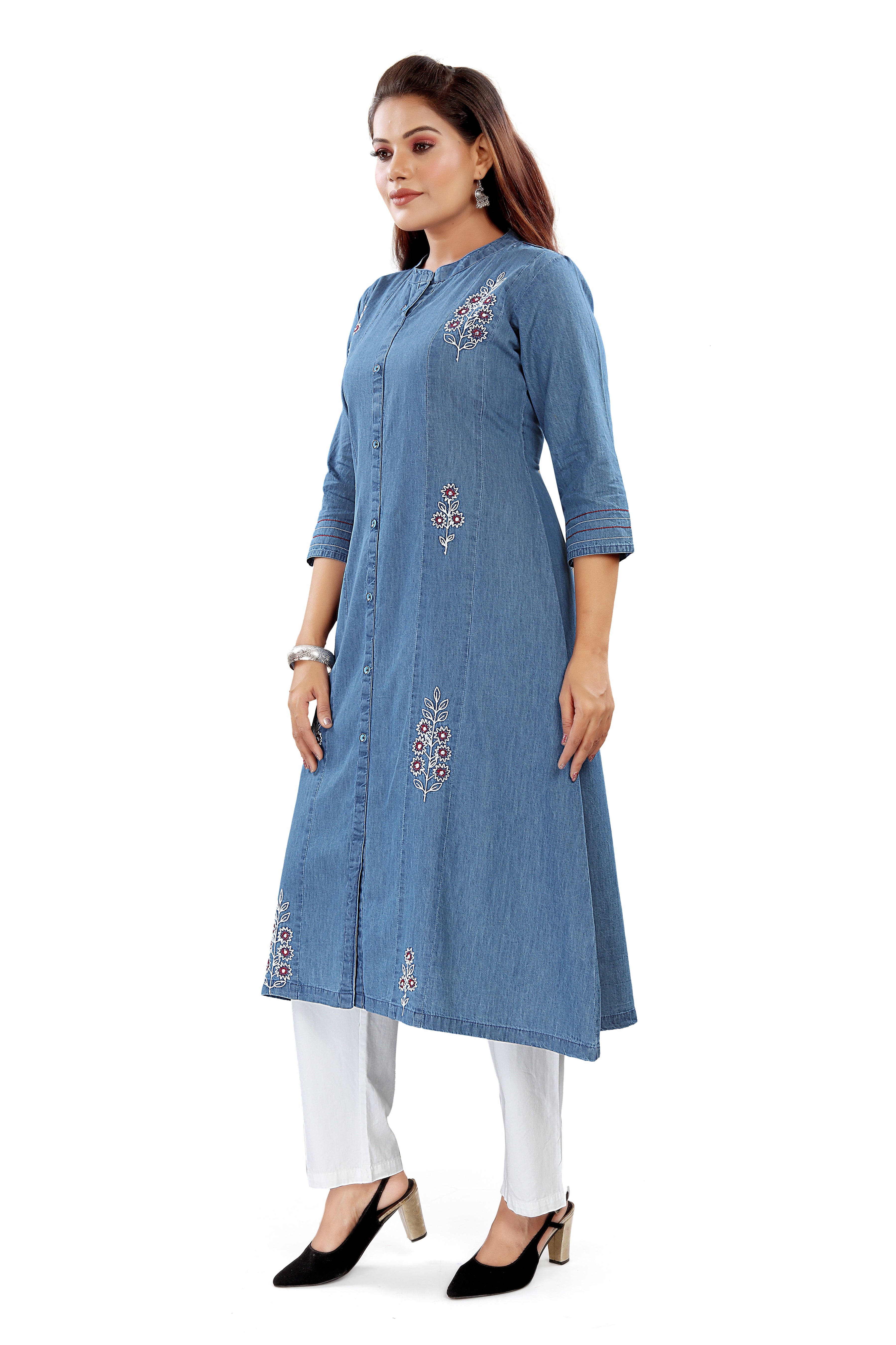 Aprika Dori Embroidered Denim A line Kurta for Women Light Blue Color with 1 Pocket