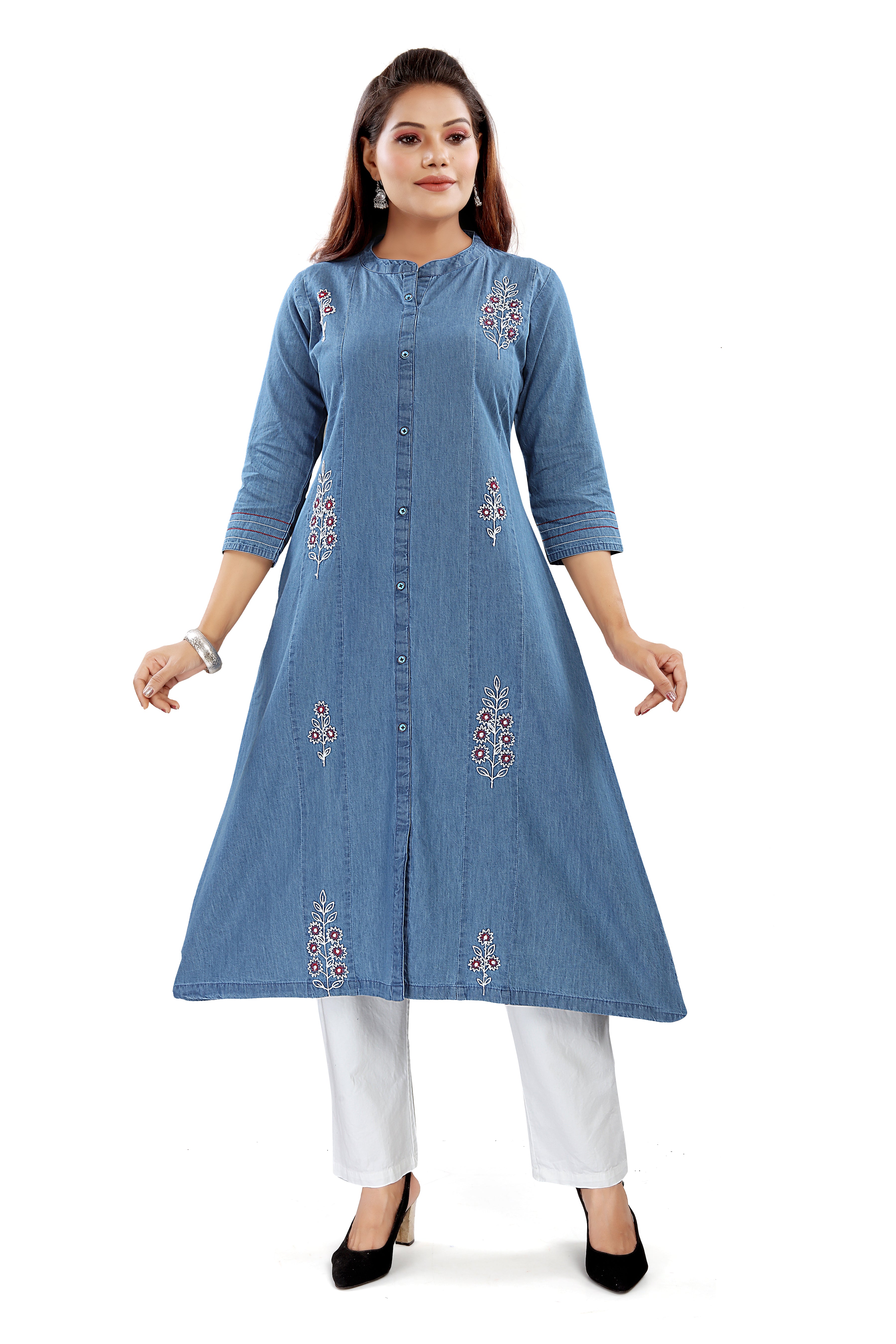 Aprika Dori Embroidered Denim A line Kurta for Women Light Blue Color with 1 Pocket