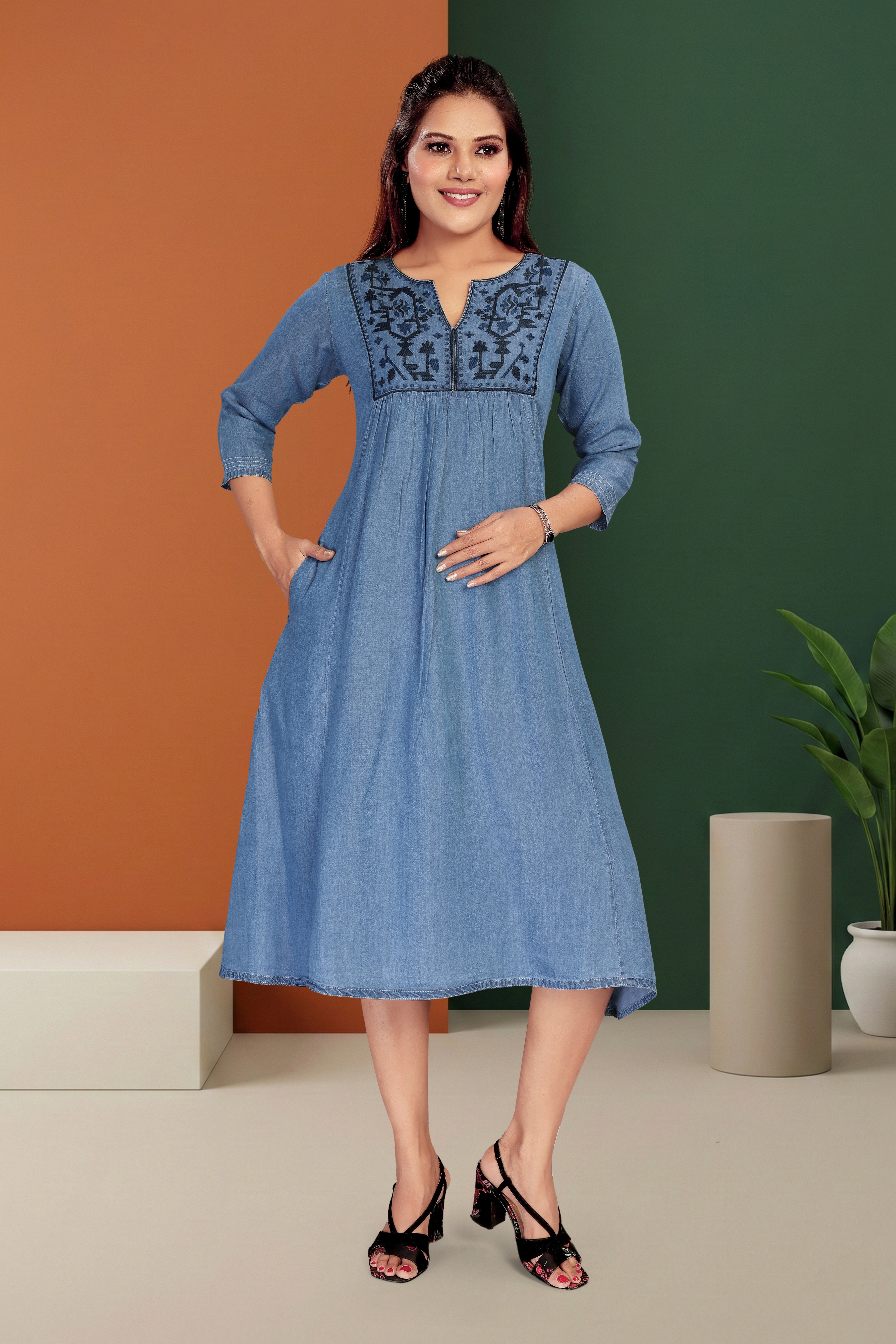 Aprika Folk-Geometric Yoke Embroidery High-Waist Gathered Denim Midi Dress