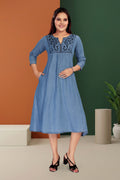 Aprika Folk-Geometric Yoke Embroidery High-Waist Gathered Denim Midi Dress