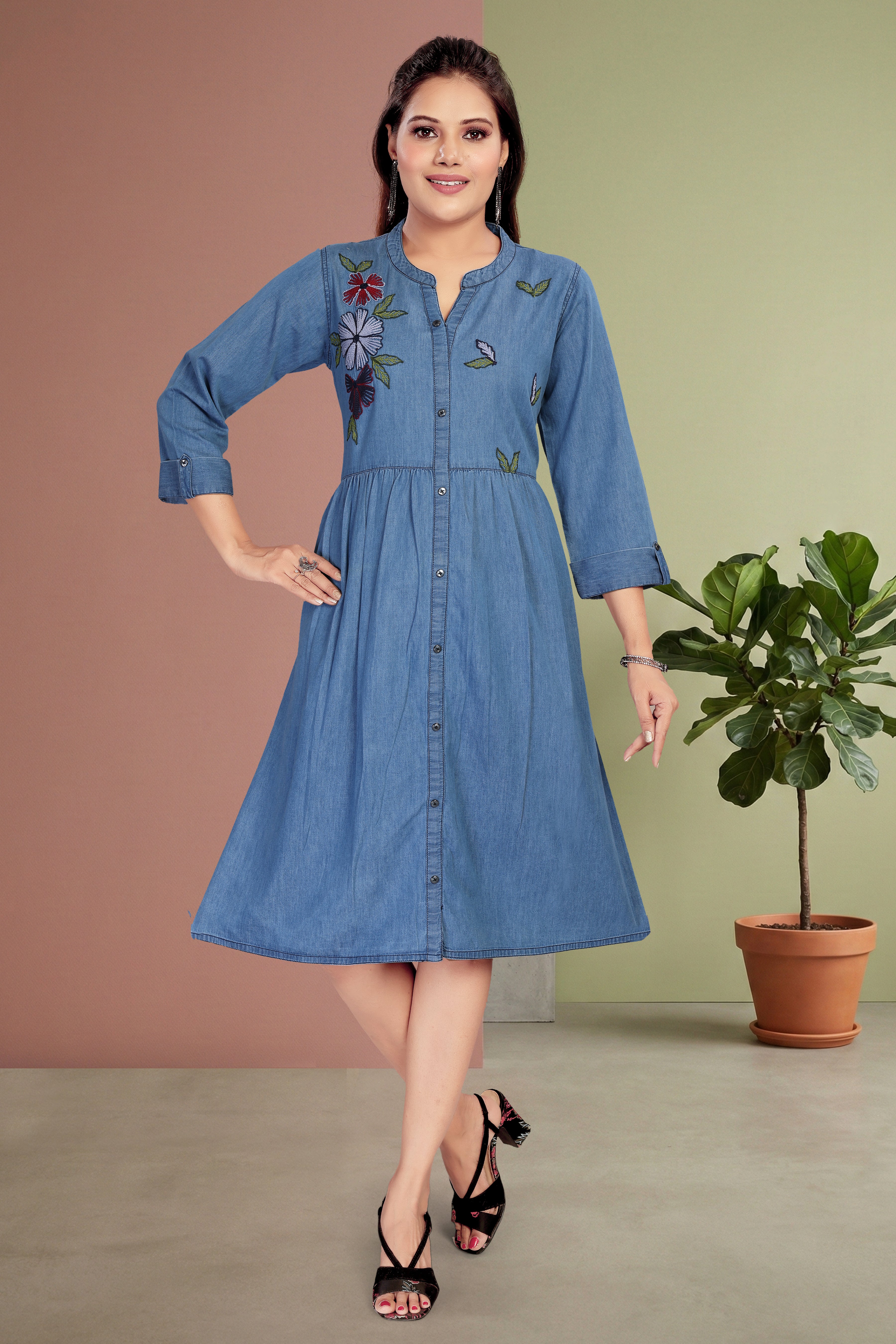 Aprika Multi-Color Botanical Embroidery Fit-and-Flare Denim Midi Dress