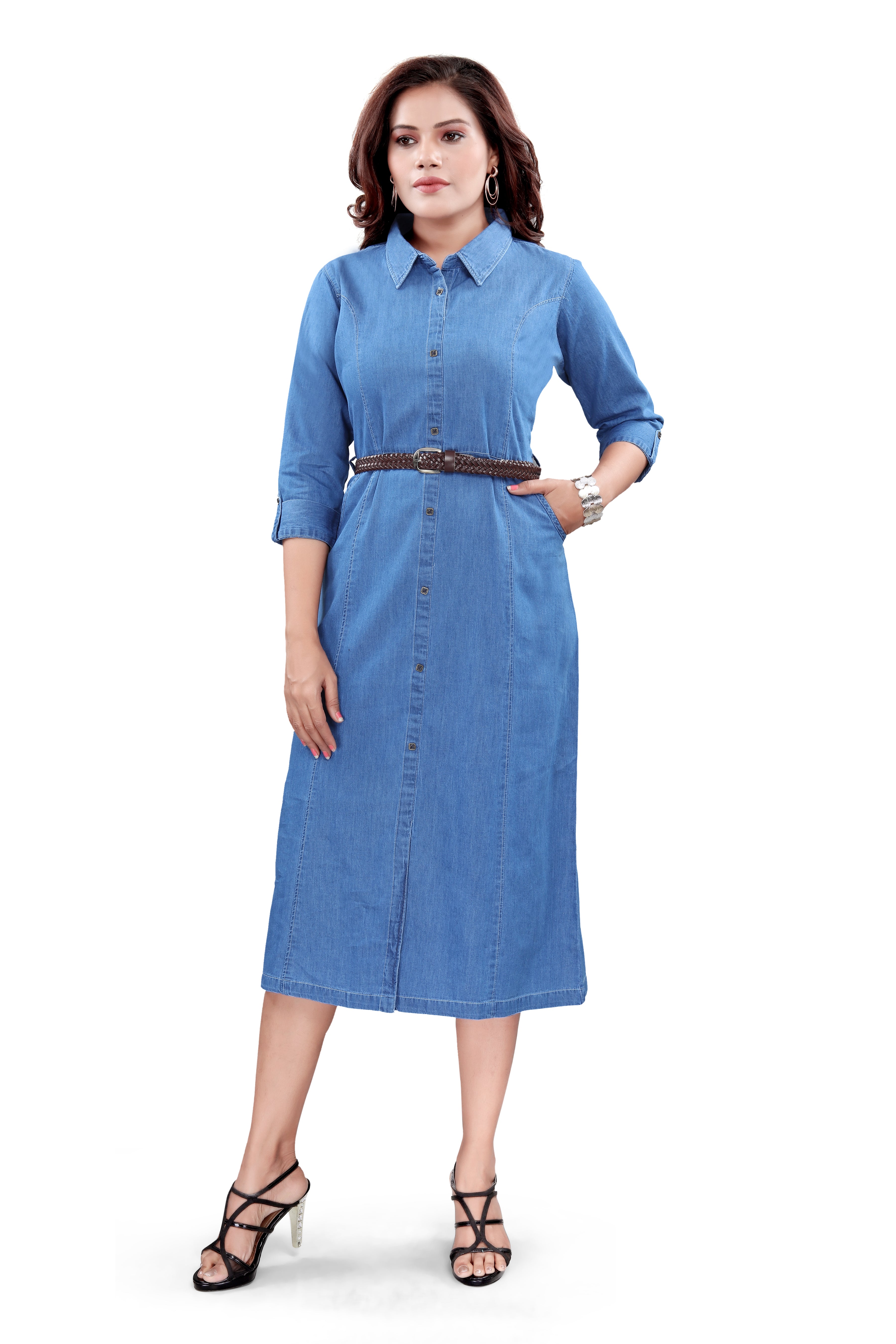 Aprika Medium Wash Panel-Stitch A-Line Denim Midi Dress with Braided Belt