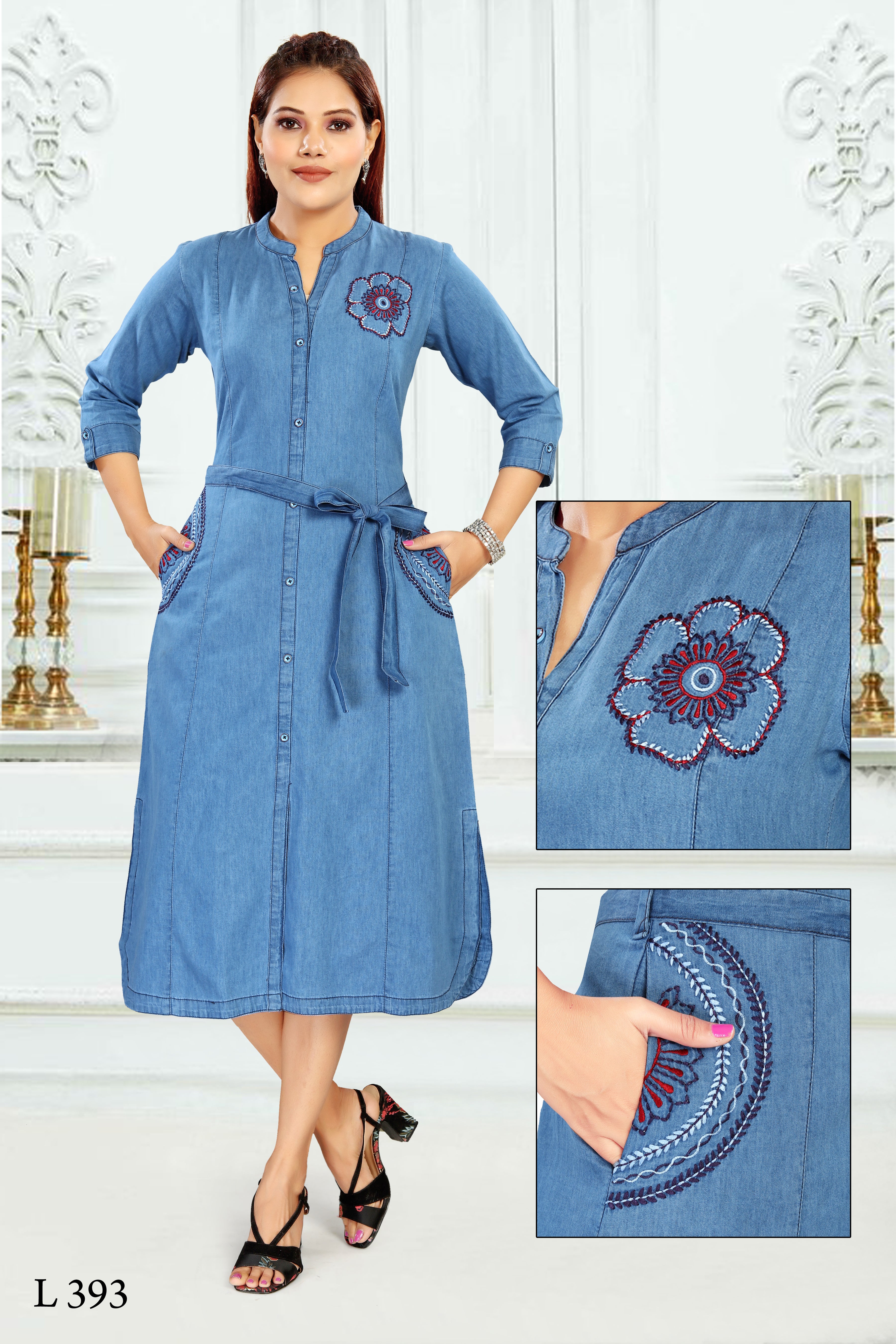 Aprika Floral Embroidery Medium-Wash Denim Midi Dress
