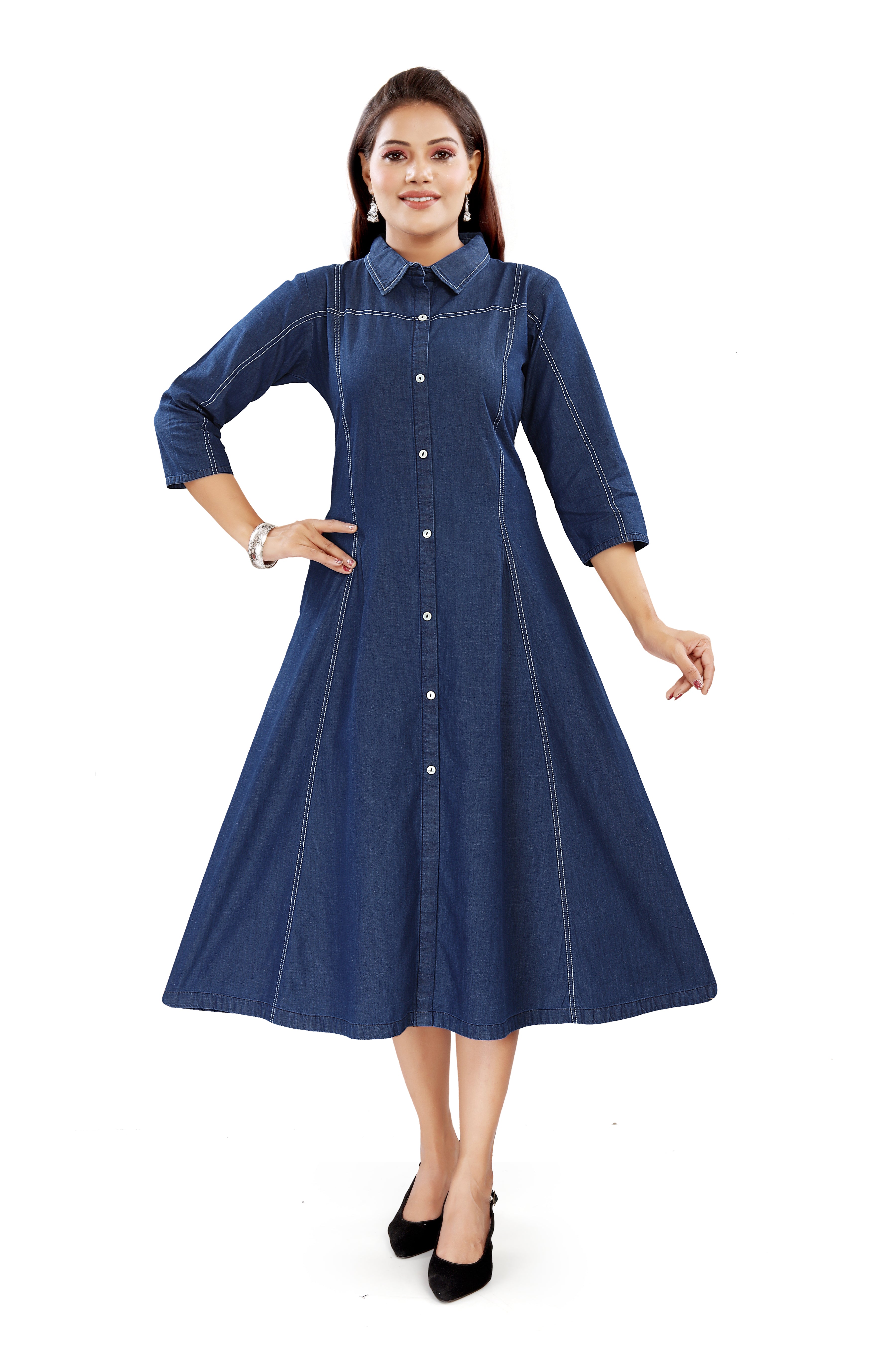 Aprika Leaf-Branch Embroidery A-Line Denim Midi Dress