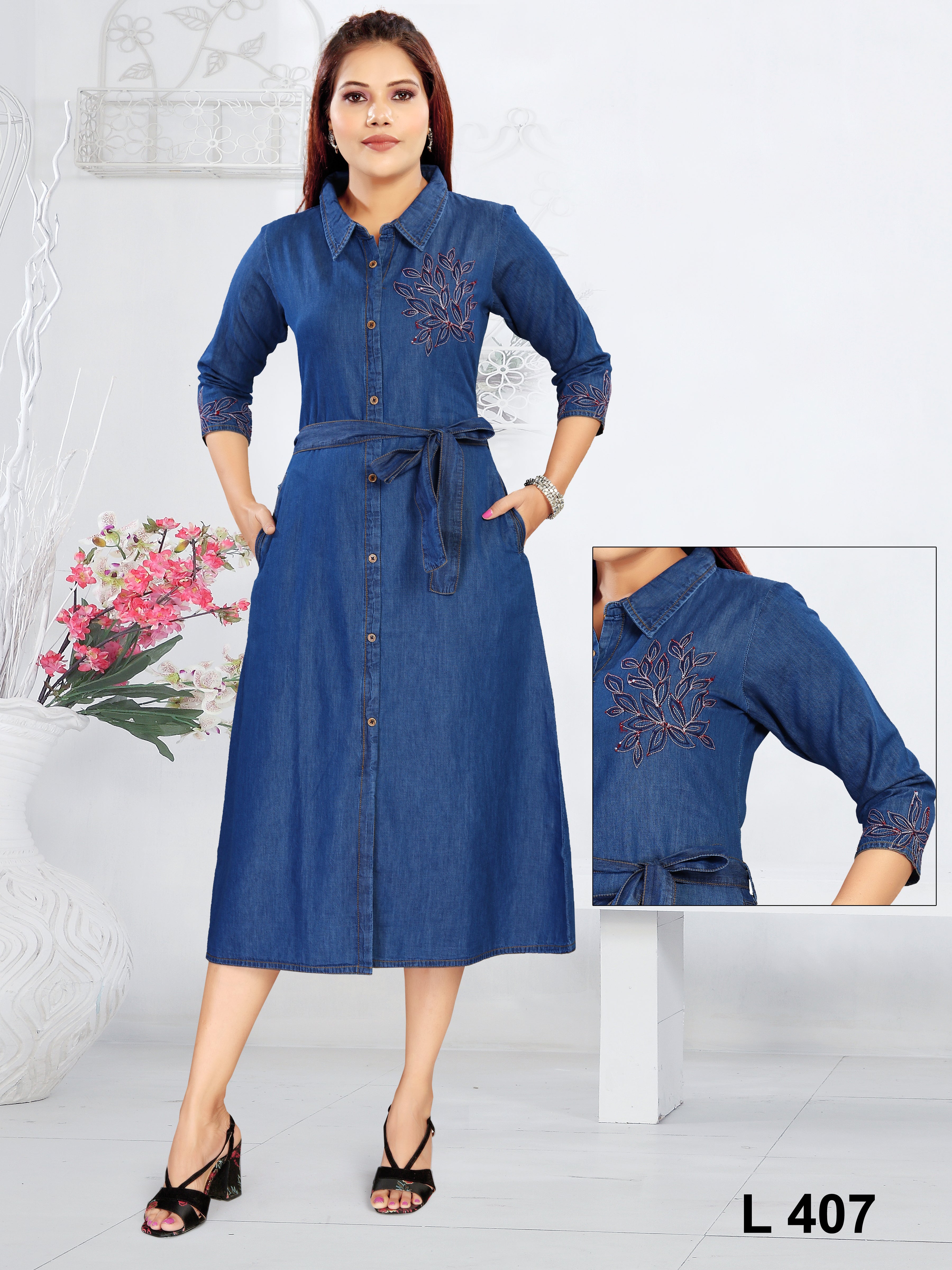 Aprika Dark Indigo Floral Embroidery Gathered-Waist Denim Midi Dress
