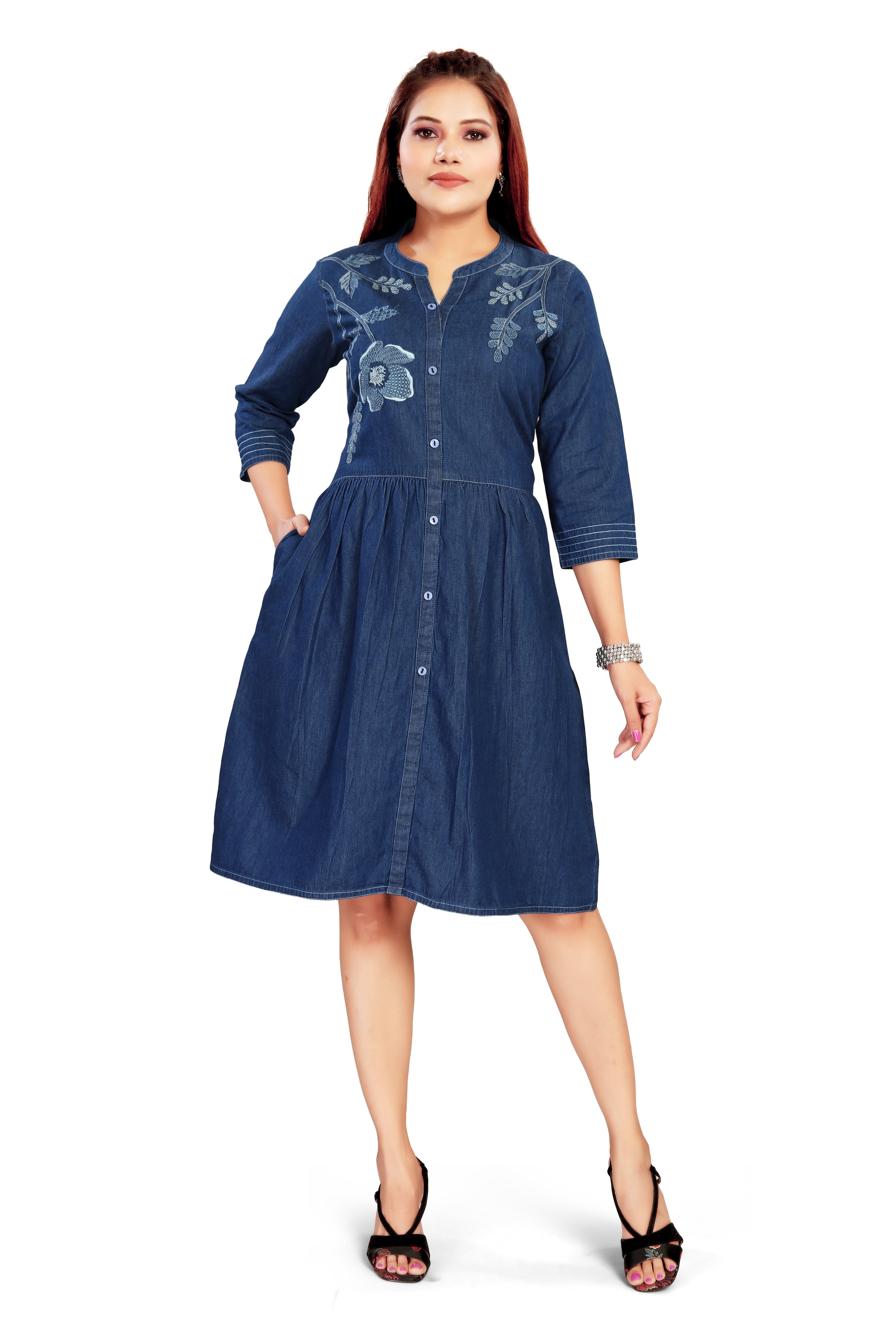 Aprika Contrast Panel-Flared Denim Midi Dress