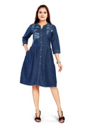 Aprika Contrast Panel-Flared Denim Midi Dress