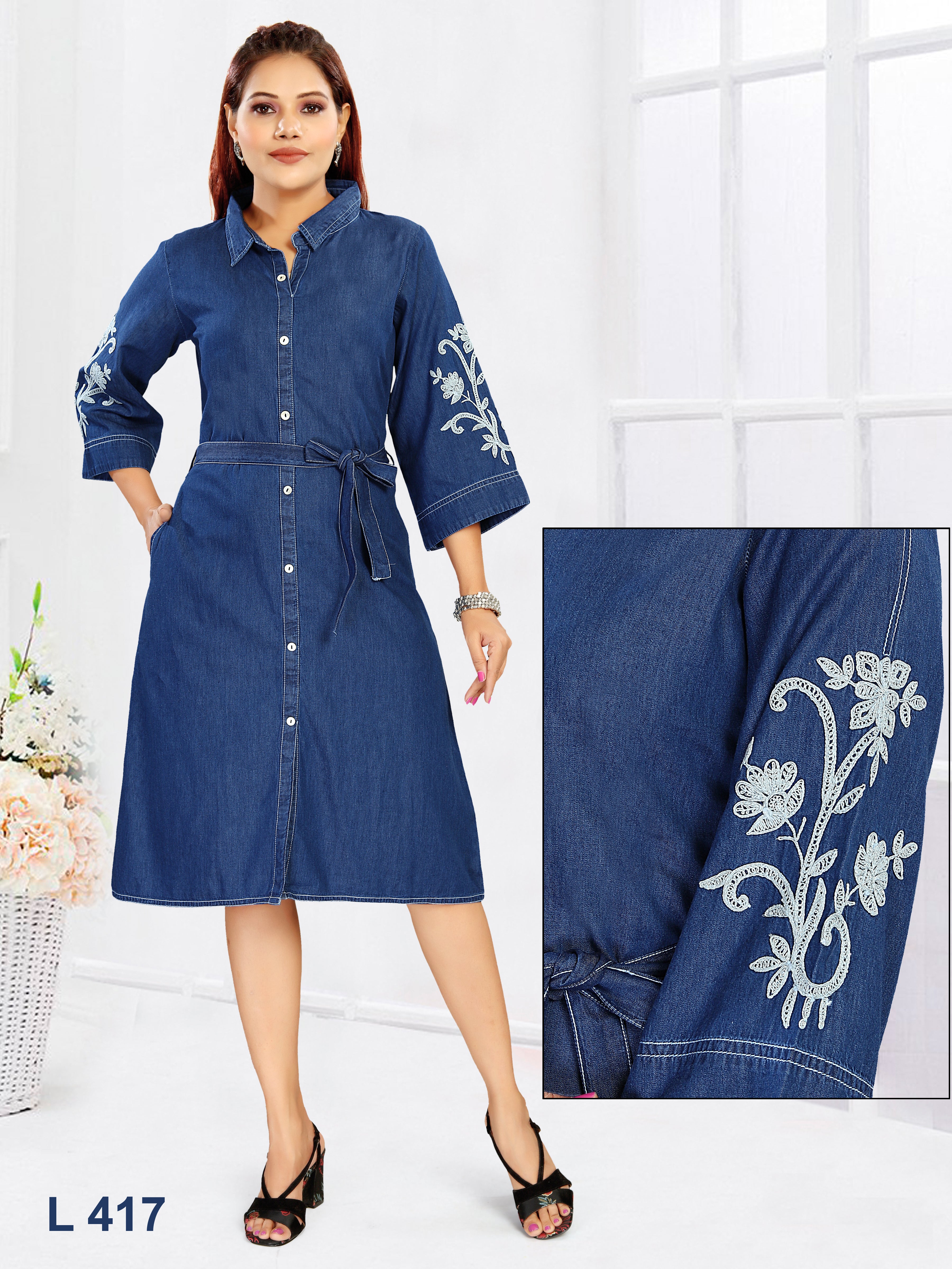Aprika White Floral Vine Embroidery Sleeve A-Line Denim Midi Dress