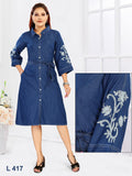Aprika White Floral Vine Embroidery Sleeve A-Line Denim Midi Dress