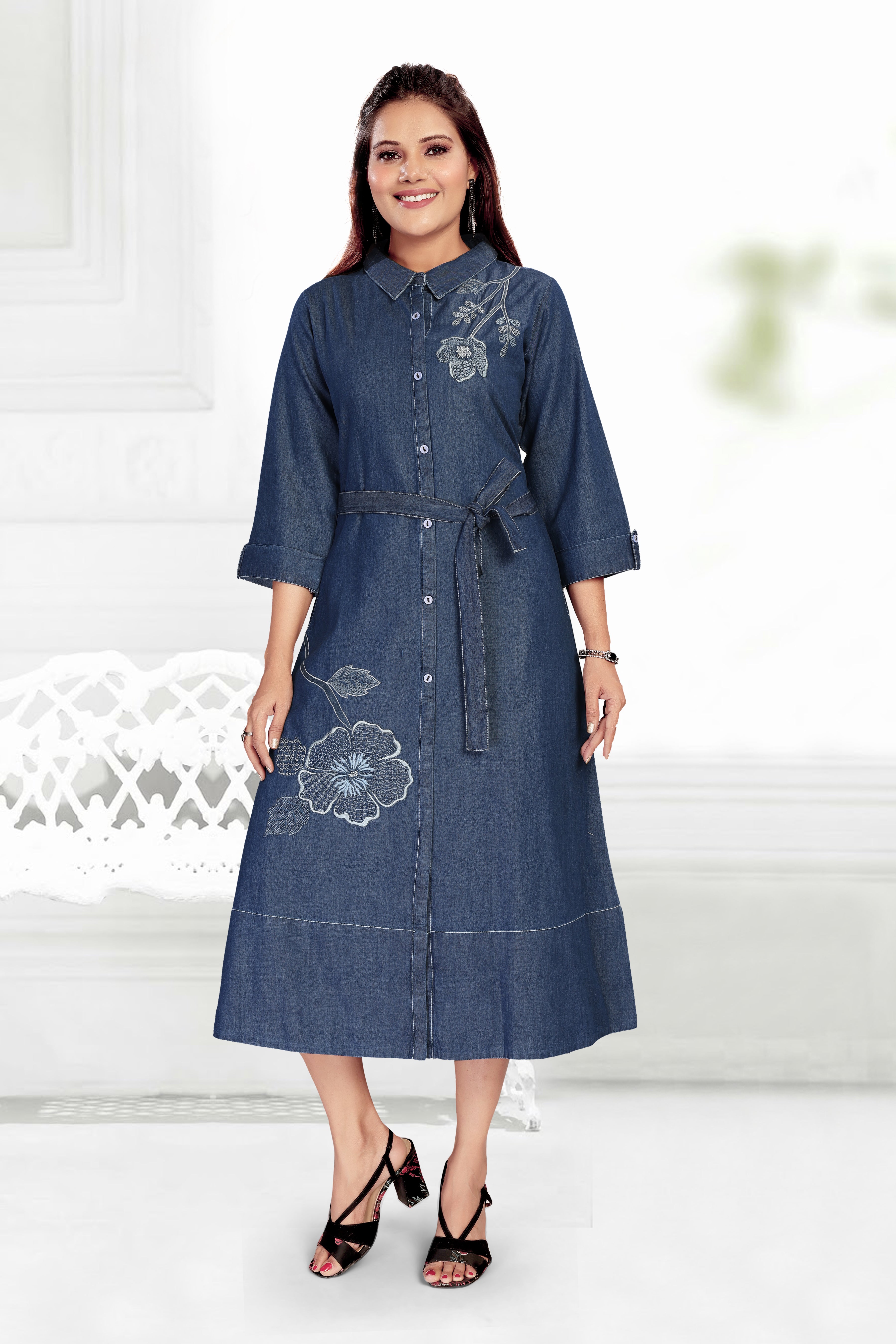 Aprika Dark Indigo Asymmetric Botanical Embroidery Longline Denim Midi Dress