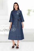 Aprika Dark Indigo Asymmetric Botanical Embroidery Longline Denim Midi Dress