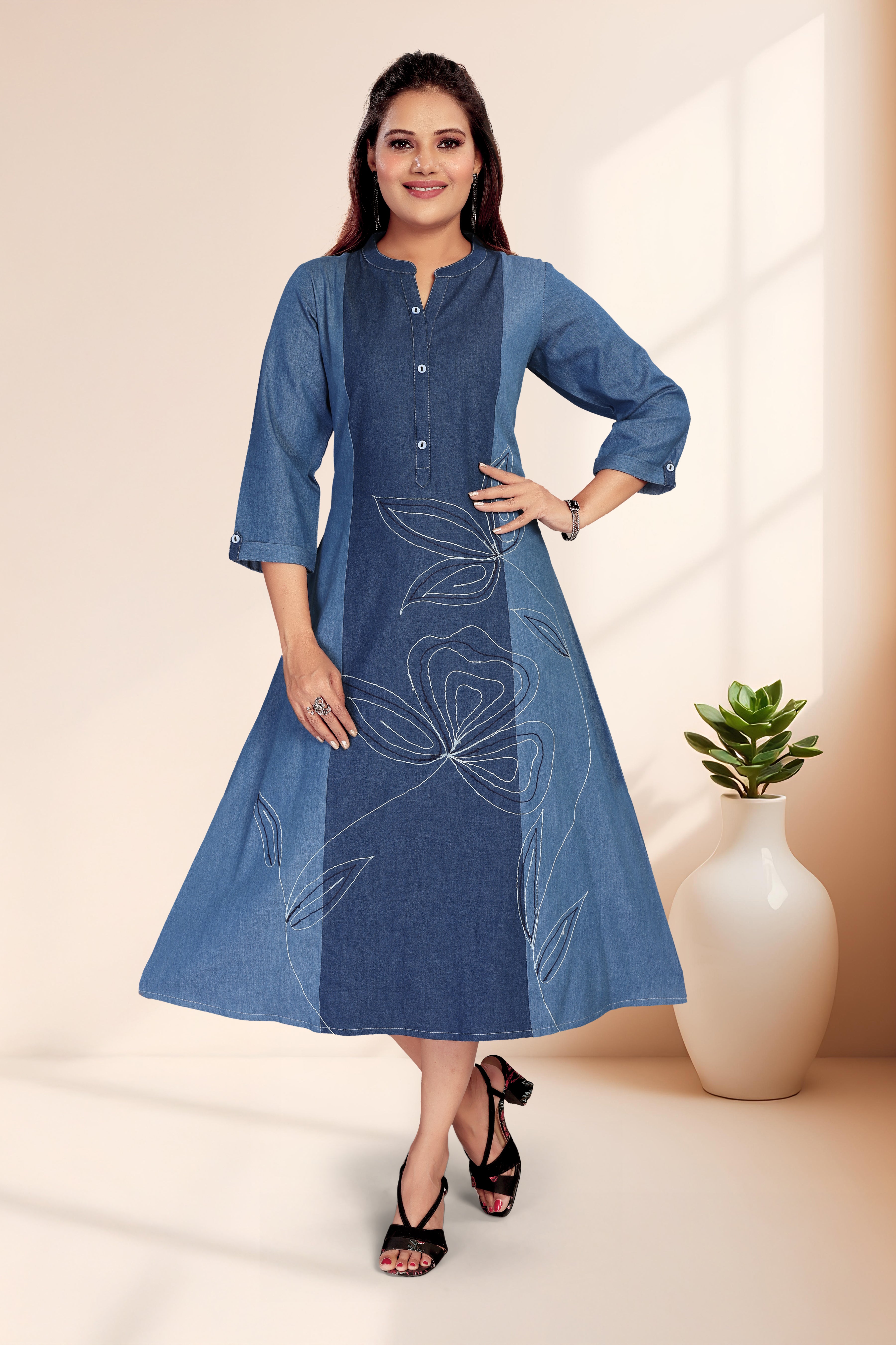 Aprika Dual-Tone Panel Abstract Floral Embroidery Umbrella-Flare Denim Midi Dress