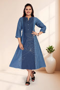 Aprika Dual-Tone Panel Abstract Floral Embroidery Umbrella-Flare Denim Midi Dress