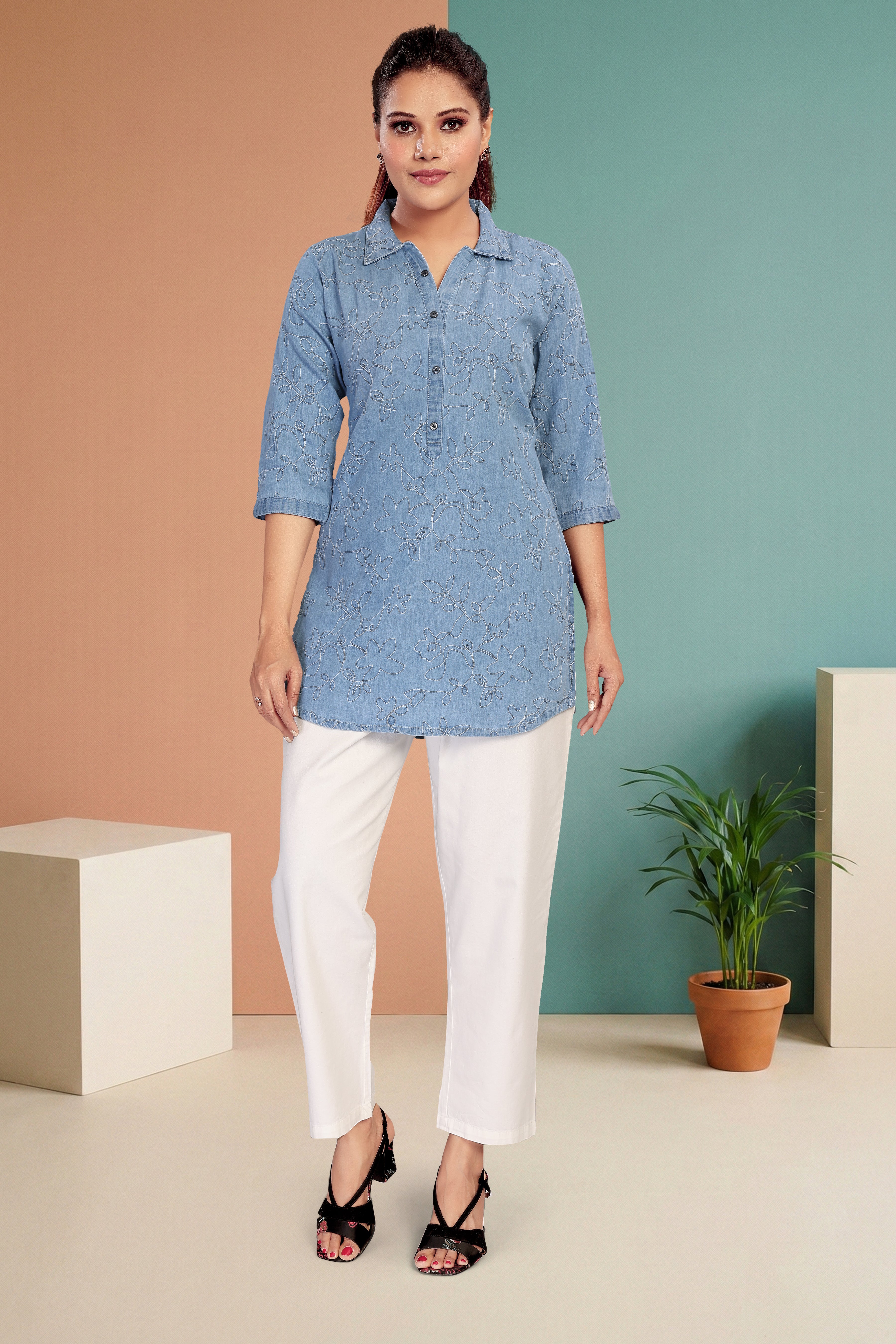 Aprika Denim Tunics for Women | Light Indigo Collared Vine Tunics for Women
