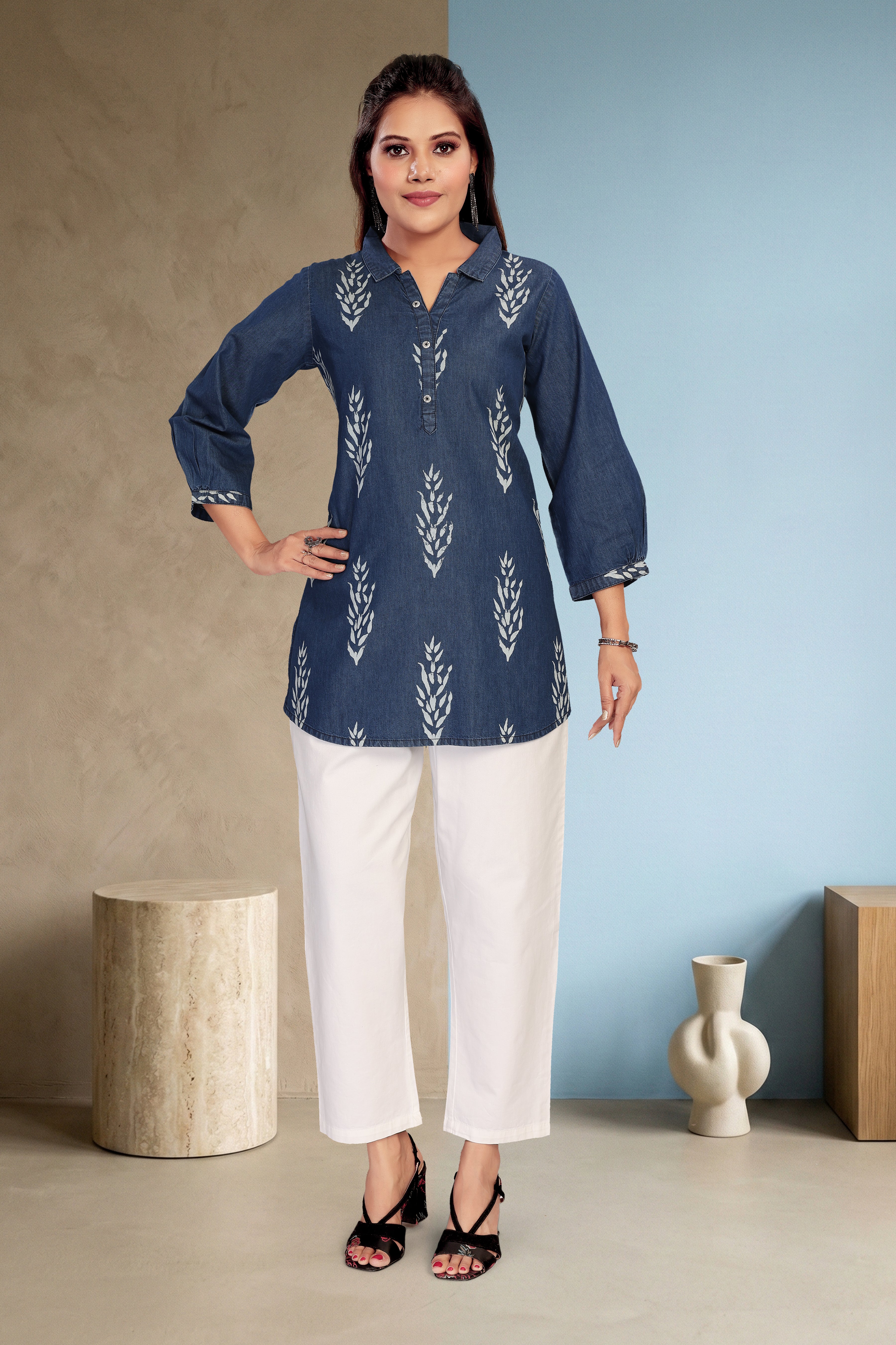 Aprika Denim Tunics for Women | Dark Indigo Ikat Motif Short Kurti/Tunic for Women