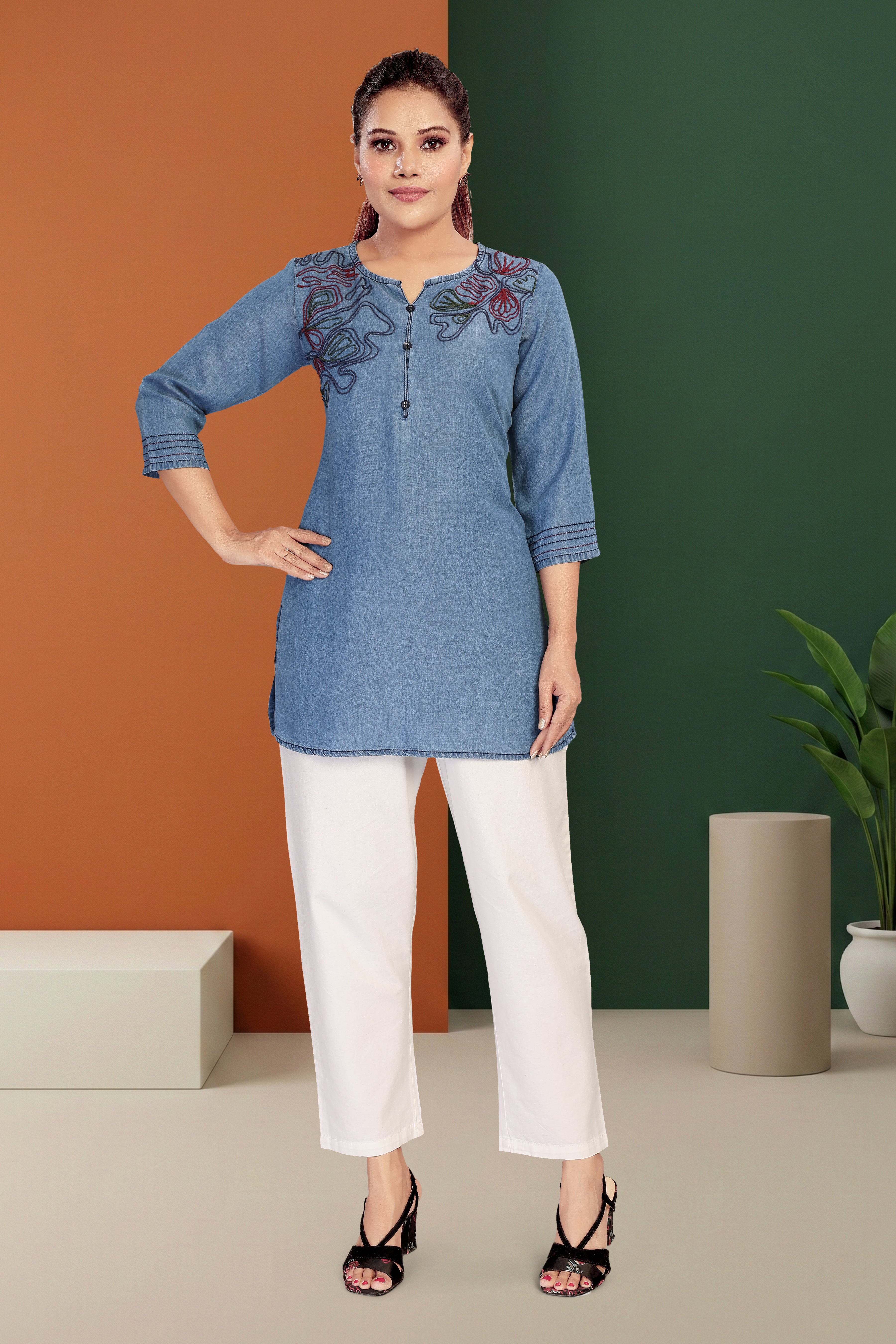 Aprika Embroidered Denim Tunics for Women | Embroidered Short Kurtis for Women