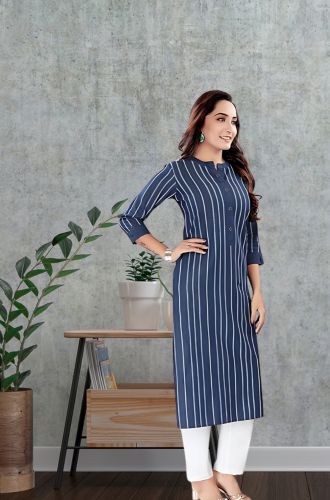 Aprika Printed Straight Cut Denim Kurta for Women Blue Color with 1 Pocket