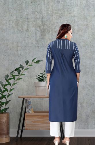 Aprika Printed Straight Cut Denim Kurta for Women Blue Color with 1 Pocket