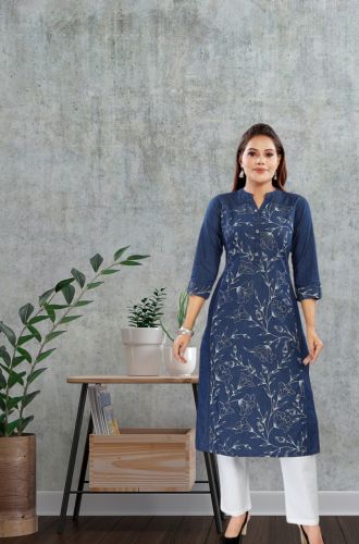 Aprika White Floral Printed Straight Denim Kurta for Women Blue Color with 1 Pocket