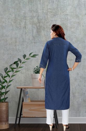 Aprika White Floral Printed Straight Denim Kurta for Women Blue Color with 1 Pocket