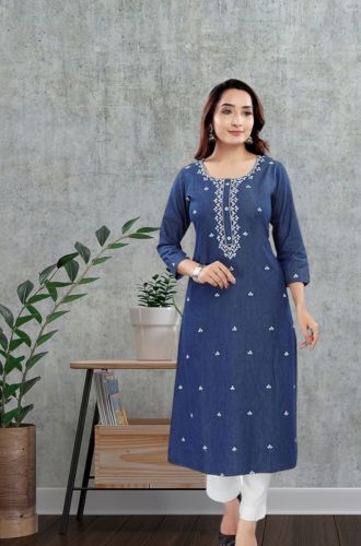 Floral Embroidered Cotton Denim Kurta