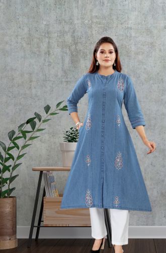 Aprika Dori Embroidered Denim A line Kurta for Women Light Blue Color with 1 Pocket