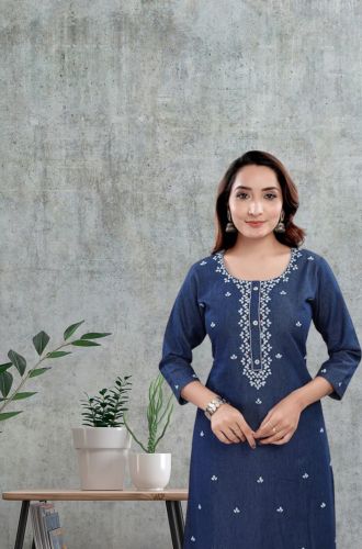 Floral Embroidered Cotton Denim Kurta