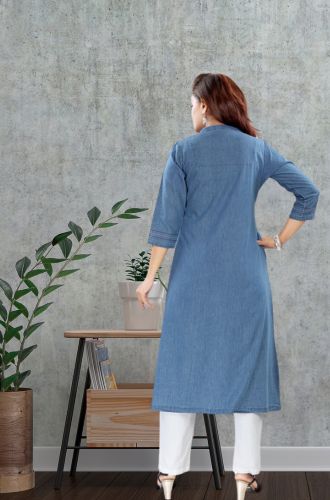 Aprika Dori Embroidered Denim A line Kurta for Women Light Blue Color with 1 Pocket
