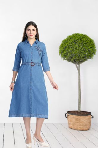 Aprika Cotton Denim Embroidered Dress for Women Light Blue Color with Belt and 2