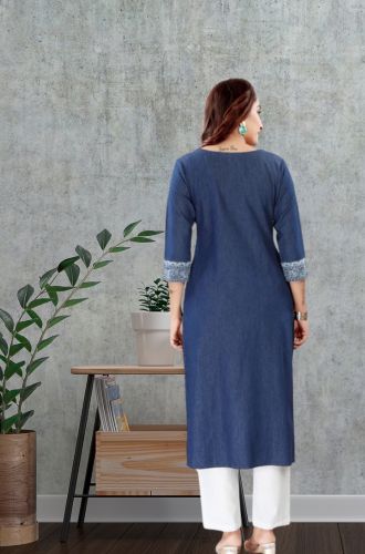 Aprika Printed Denim Kurta for Women with Hand Work Blue Color