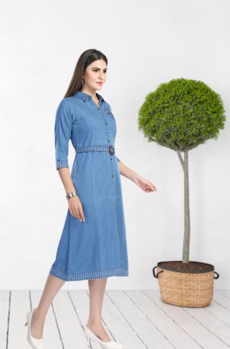 Aprika Cotton Denim Embroidered Dress for Women Light Blue Color with Belt and 2
