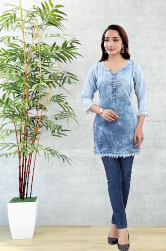 Aprika Cotton Denim Stylish Solid Short Kurti/Tunic for Women - Light Blue Color