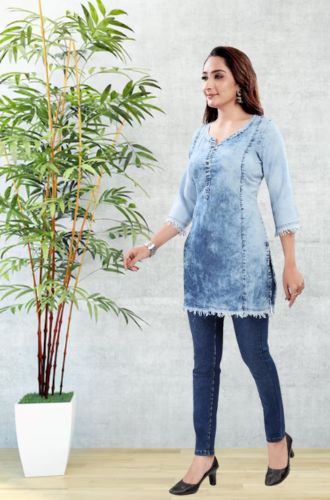 Aprika Cotton Denim Stylish Solid Short Kurti/Tunic for Women - Light Blue Color