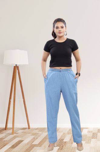Aprika Cotton Denim Trouser/Pant for Women Blue Color with Elastic Waist and 2 Pockets