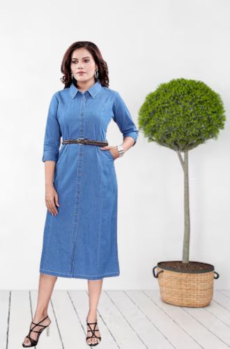 Aprika Cotton Denim Dress for Women with Stretchable Leather Belt