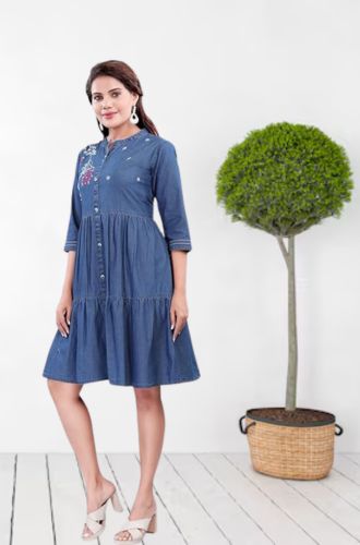Aprika Cotton Denim Embroidered Dress for Women Blue Color