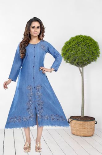 Aprika Cotton Denim Flowers & Leaves Embroidered Dress for Women Blue Color