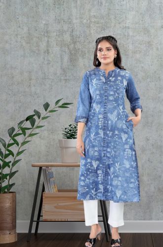 Printed Cotton Denim Kurta