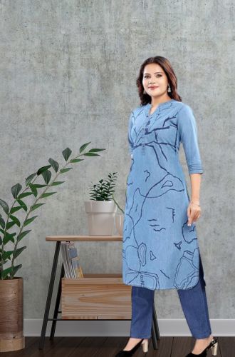 Aprika Printed Denim Kurta for Women Blue Color