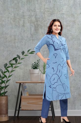 Aprika Printed Denim Kurta for Women Blue Color
