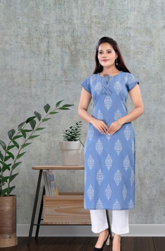 Aprika Printed Cotton Denim Kurti for Women Light Blue Color Printed