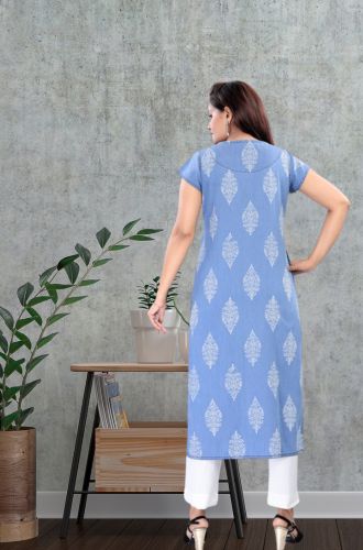 Aprika Printed Cotton Denim Kurti for Women Light Blue Color Printed