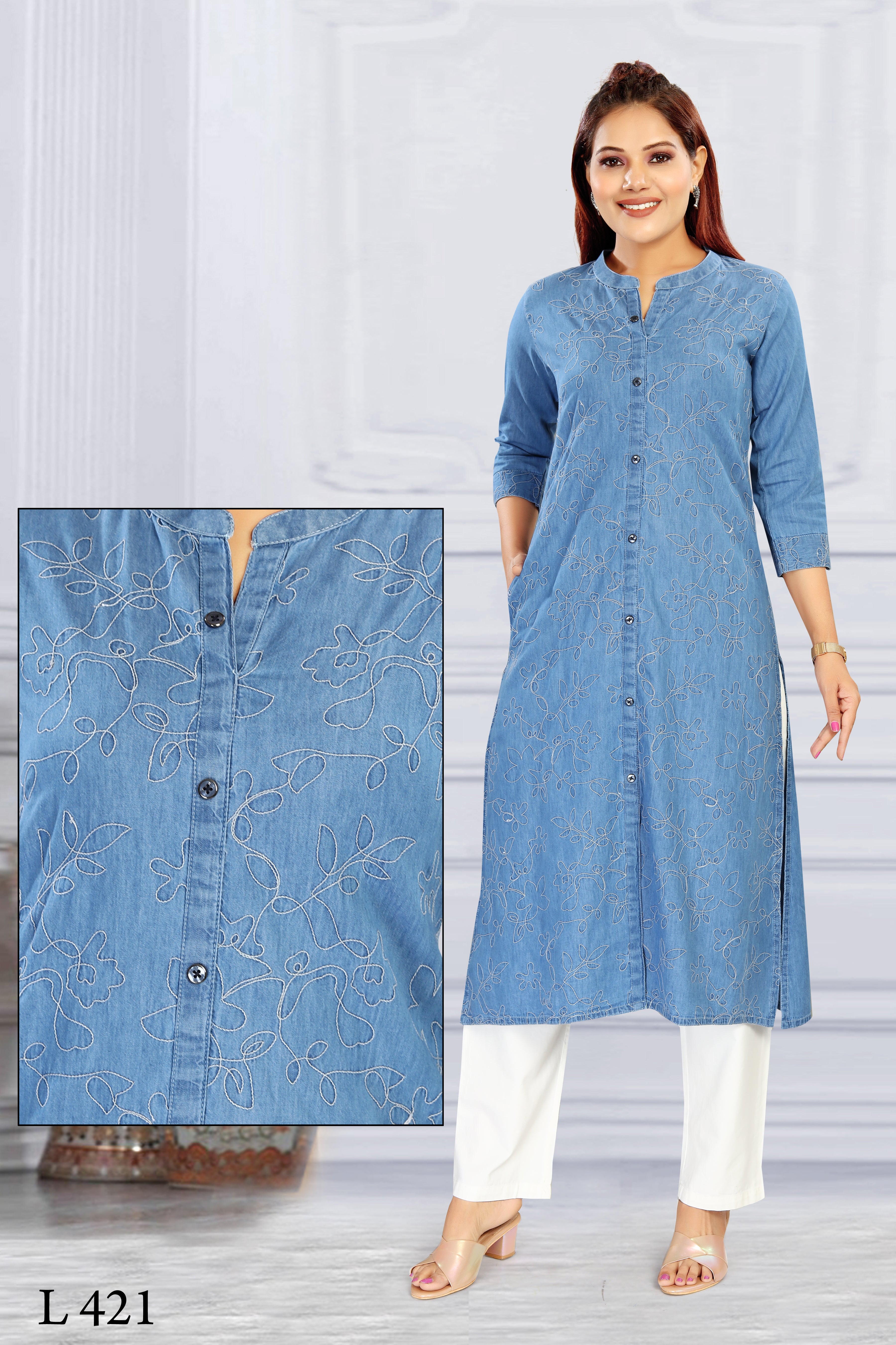 Aprika Denim Kurtis for Women | Embroidered Straight Kurti